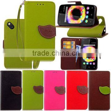 Fashion Stand Leaf button Leather Case cover for Wiko sunset 2