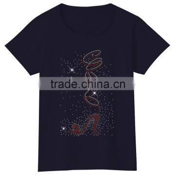 Red High Heels Short Sleeves Rhinestone Girls Soft Cotton Plain Tshirts photo-3