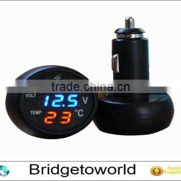 Hot selling 3 in 1 Digital LED car Voltmeter Thermometer Auto Car USB Charger 12V/24V Temperature Meter Voltmeter