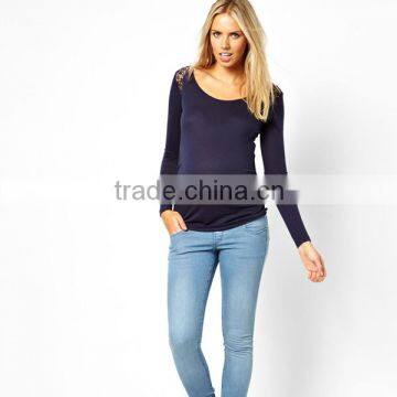 Wholesale plain blank maternity cotton spandex long sleeve t shirt with lace