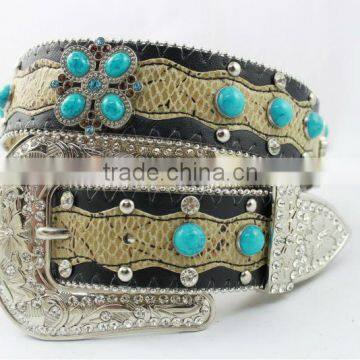 2016 New Design Western cowgirl bling rhinestone leather belt with turquoise conshos