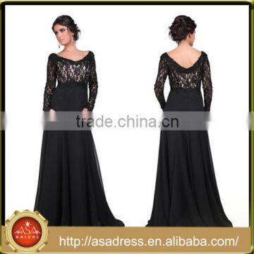 BAM1004 Generous Lace Appliqued See Through Bodice Party Gown 2016 V Neck Low Back Chiffon Long Black Prom Dress with Sleeve