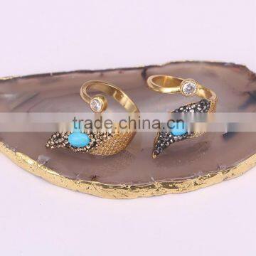 New Style Gold Design Ring, Pave Crystal Zircon Turquoise Stone Rings