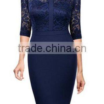 Women's Vintage Polo Neck Floral Lace Half Sleeve Casual Slim Dress