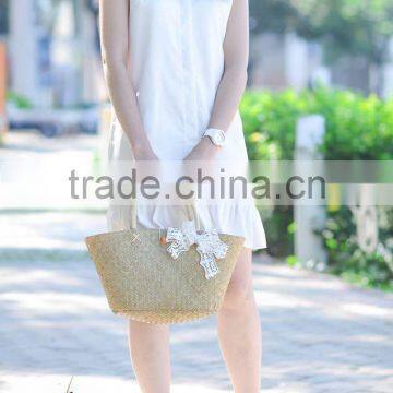 Women Straw Bag/ Seagrass Shopping Bag/beach Tote Bag With White Ribbon photo-2