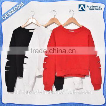 Custom latest design 100% cotton ripped cut long sleeve blank oversized sweatshirt for women