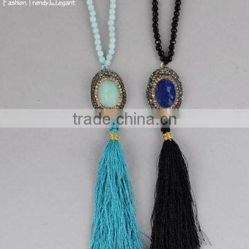 Fashion Long Hand Knotted Druzy Tassel Necklace, Druzy Beaded Neckalce