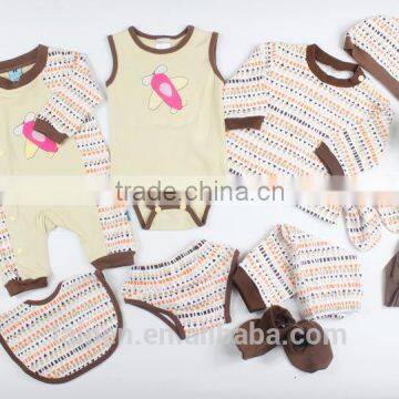 Wholesale Brown Color 100% Cotton Summer 10Pcs Baby Knitted Clothing Set With Hanger Package