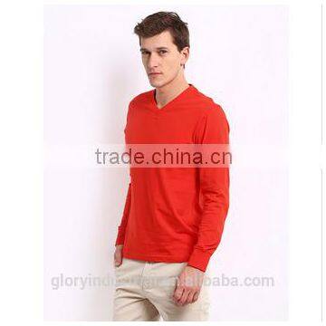 Cotton Plain Long Sleeve Red t Shirt With V Neckline photo-3