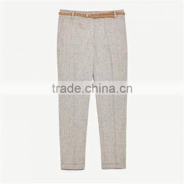 Elegant Fancy Roll-up Hem Linen Grey Dress Pants With Braided Belt photo-6