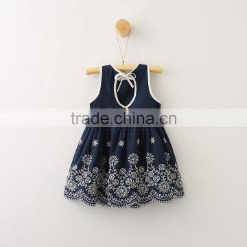 Hot Sale Navy Blue Embroidery no Sleeve Cotton Baby Girls Dress photo-2