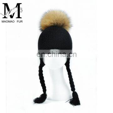 High Quality Knitted Beanies Colorful Big Raccoon Fur Pom Pom Winter Hat Beanie Kids photo-6