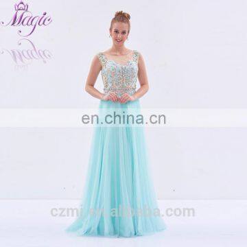 Stock Floor Length Mesh Sequin Beaded Stone Blue Embroidery Prom Dress