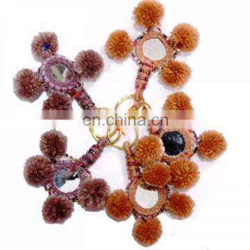 Pom Pom Indian Key Chain Handmade Crafted 5 PC's Lot Boho Look Retro Brown photo-2