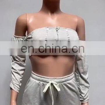 Women Button Plain Tube Pleated Trousers Two Piece Outfits Set