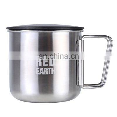 Camping single layer portable 420 ml stainless steel coffee tea mug with foldable handle