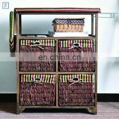 Pastoral Style Brown Folding Ironing Board Wooden Storage Cabinet with 4 Storage Drawers