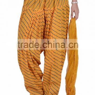 Indian Women Cotton Laheriya Printed Yellow Color Patiala Salwar (Pants) with Matching Dupatta (Stole) Set