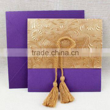 2016 Pocket Pocket Gold Foiling Wedding Invitation Card With Fringe