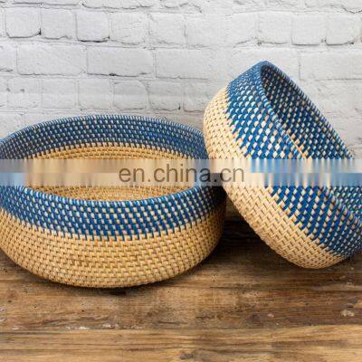 Rattan Storage Basket Tray in Blue & Orange Boho Home Decor photo-3