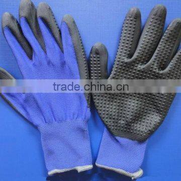 Nylon knitted gloves with foam Nitrile coated on palm,PVC dots on one side,13 gauge