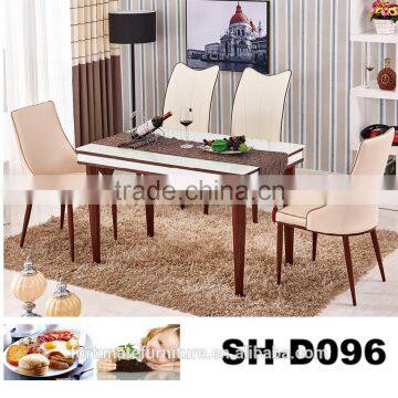 heat print wooden color steel base tempered glass dining table 6 chairs set