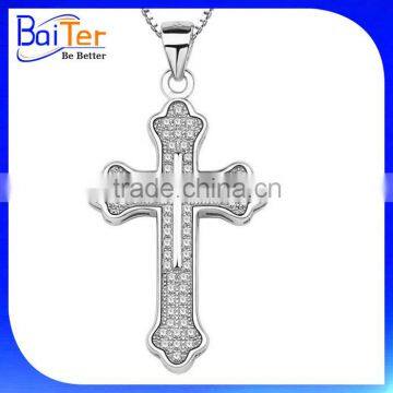 Fashion White Gold Plated Pave Cubic Zircon CZ 925 Sterling Silver Cross Pendant Necklace Pendant