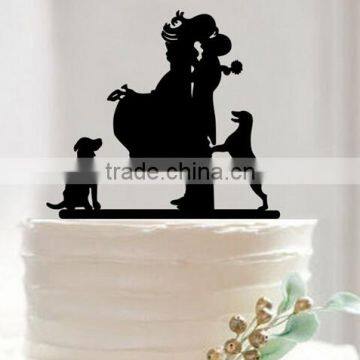 Custom Mr Mrs Lsat Name Silhouette Rustic Cake Topper with Dog for Wedding