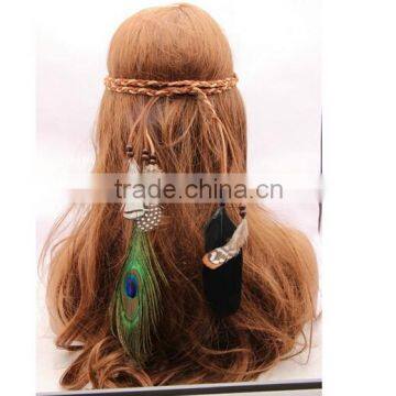 Women Girl Indian Vintage Boho Gorgeous Peacock Feathers Hair Band Suede Braided Headband