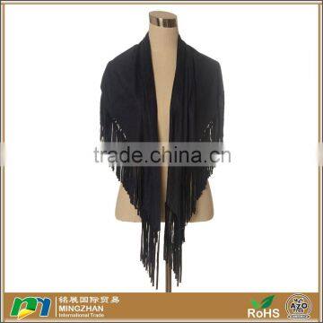 Women Simple Black Shawl Suede Scarf With Fringe