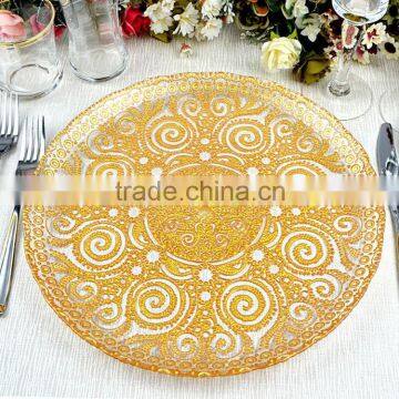 Wholesale Cheap Decorative Gold Silver Flower Embossed Glass Wedding Charger Plate