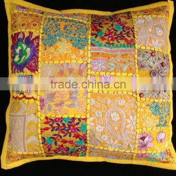 Indian Yellow TOSS PILLOW CUSHION COVER EMBROIDERED Gift India COLORFUL Decor THROW Art 16" vintage