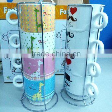 Porcelain 4 Stackable Coffee Mugs With Metallic Rack Set photo-6