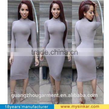 Hot Sale Women grey bodycon dress 2016 sexy Women's casual bandage long sleeves evening party cocktail plain midi dress