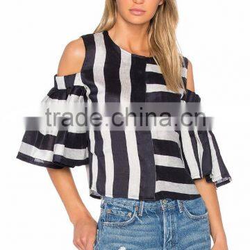 striped design women top cold shoulder trendy holiday fashion tops