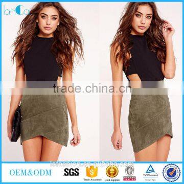 Latest hot design khaki faux suede wrap mini skirt for office women