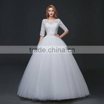 MGOO Custom Made Less 100 USD Tulle Lace Applique Wedding Dress Slash Neck 3/4 Sheer Neck Elegant Handmade photo-2