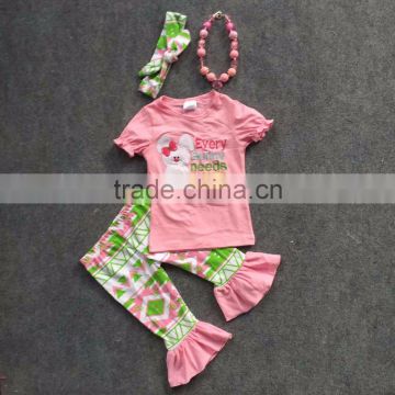 new Girls Spring design Easter design short sleeves pink bunny shirt Aztec capri with matching headband and necklace set