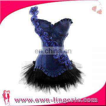 wholesale Fast Delivery One Shoulder Blue Sexi Corset with Rose Trim and skirt