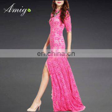 2015 pink lace short sleeve high slit floor length evening dress cheap price