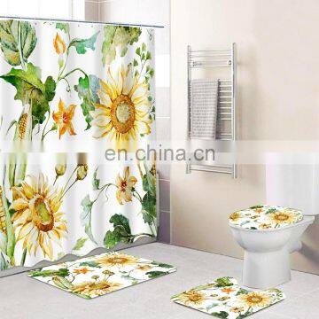 New arrival sunflower 4 piece bath rug microfiber memory foam bathroom mat set with shower curtain