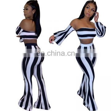 Fashion Women Two Piece Flare Top And Pants Stripe Tracksuit Set