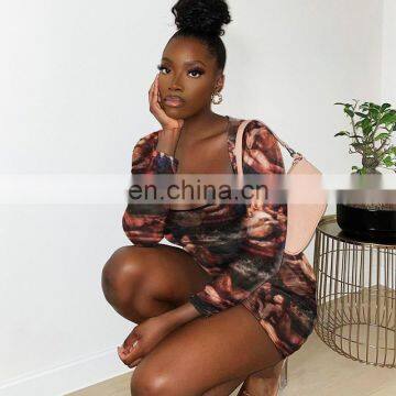 Amazon Hot Sales Autumn Women Fashion U-Neck Printed Casual Dresses Ladies Sexy Long Sleeve Mini Dresses photo-4