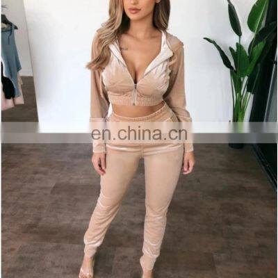 New Fashion Women Autumn Winter Casual Fleece Zipper Hooded Short Tops Long Sleeve Tops + Pants Suit Pants Set Two Piece Set photo-3
