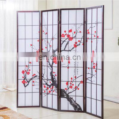 Plum Blossom Print Wood & Paper 4 Panel Folding Pine Screen Room Divider