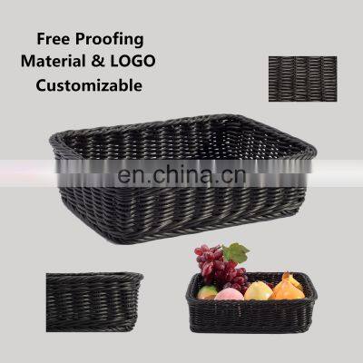 HBK wholesale rectangle black plastic rattan basket for bread and fruit