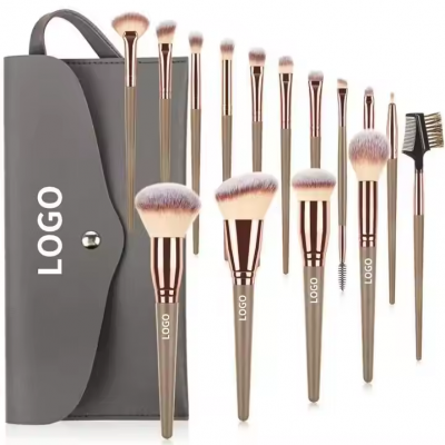 Private Label Luxury Makeup Brush Set with Leather Bag Champagne Gold Foundation Eyeshadow Mascara and Shaving Brush