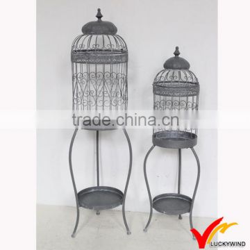 Gray Vintage Round Standing Metal Bird Cage Set