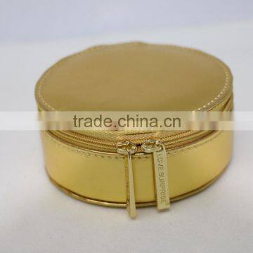 China wholesale golden fashion cosmetic bag,Round PU makeup case,custom print travel jewelry organizer