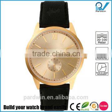 Gold dial on gold case black genuine leather strap sub-dial second hand 6H position date function special designed watch